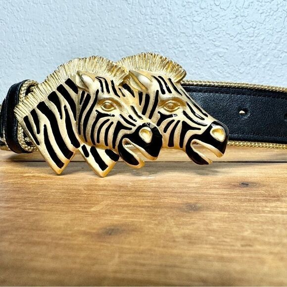 Vintage Doncaster black leather zebra heads buckle belt size medium - Picture 3 of 11